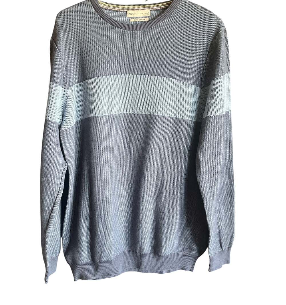 M&S Collection Men's Pure Cotton Blue Textured Knit Chest Stripe Sweater